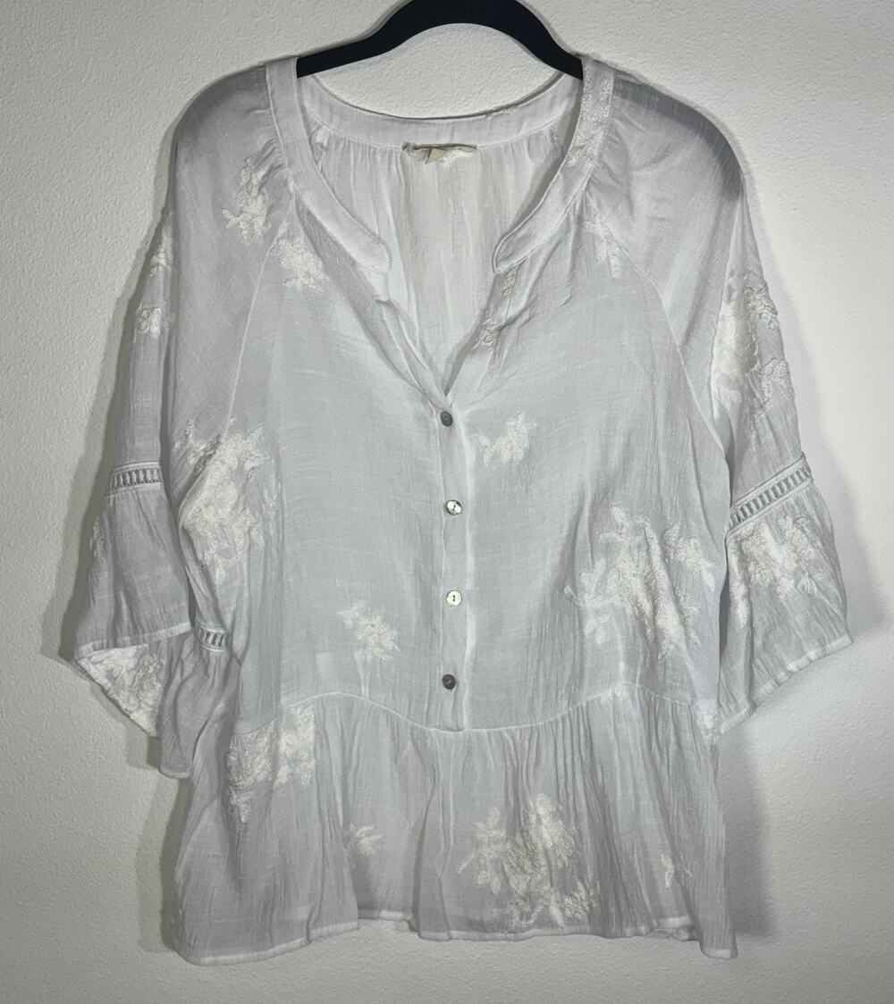 Parallel Skies White Embroidered Peplum Blouse L Boho Button Front Top Large